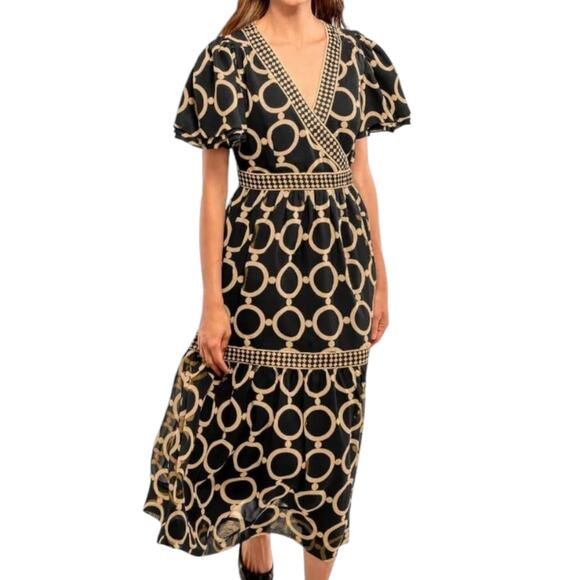 Gretchen Scott Le Marais Dip Dot Dress Black Tan Tiered Chiffon Midi Maxi M NEW - Picture 1 of 10